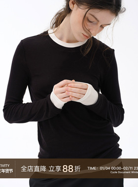 Cycle Document天丝羊毛混纺黑白撞色假两件修身显瘦针织打底衫女