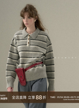 CycleDocument 羊毛polo领套头毛衣女秋冬宽松复古条纹针织衫上衣