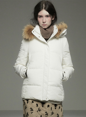 Cycle Document 90白鹅绒 白色修身貉子毛领短款加厚连帽羽绒服女