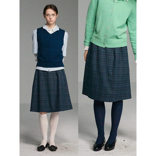 Cycle 复古高腰直筒格纹半身裙女知识分子风收褶A字摆裙 Document