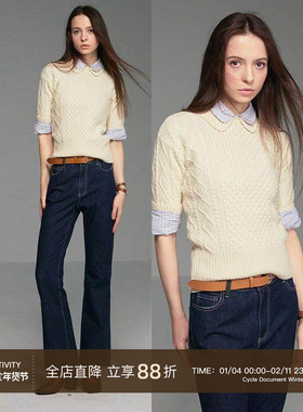 Cycle Document100%纯羊毛/ 娃娃领五分半袖修身麻花针织毛衣女