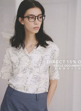 CycleDocument 亚麻线条感印花古微落肩直筒古巴领短袖衬衫女