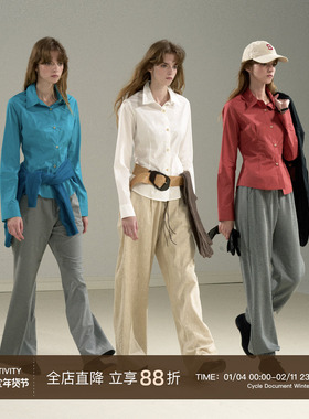 CycleDocument 三色舒适棉亮色修身长袖衬衫女基础百搭收腰衬衣
