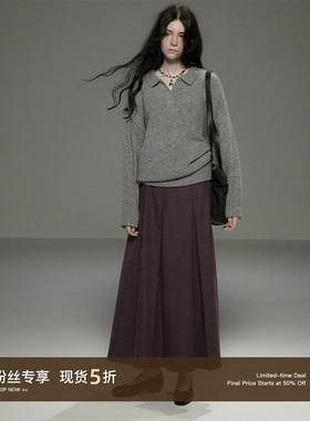 Cycle Document 循环档案 复古紫色高腰a字毛呢百褶半身裙女长款