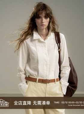 Cycle Document 法式复古风琴褶简约翻领长袖衬衫女基础正肩衬衣