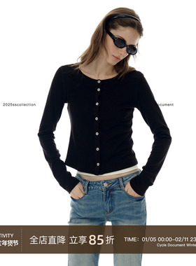 Cycle Document黑色圆领修身针织开衫女春秋短款简约外搭打底毛衣