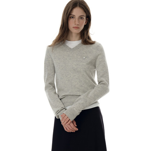 Cycle Document 100%羊毛小口袋设计V领修身针织衫女短款叠穿毛衣