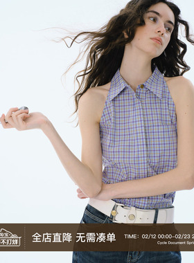 Cycle Document 舒适透气显瘦格纹暗门襟衬衣无袖背心挂脖衬衫女