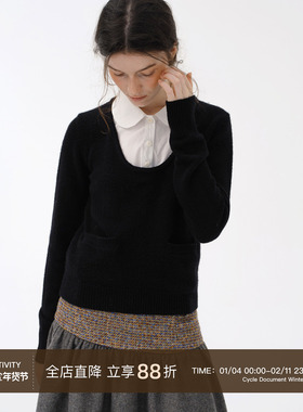 Cycle Document【100%纯羊毛】黑白撞色娃娃领假两件针织毛衣女