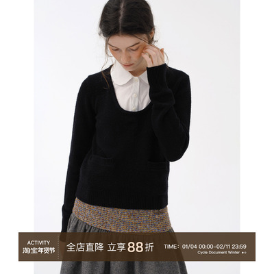 Cycle Document【100%纯羊毛】黑白撞色娃娃领假两件针织毛衣女