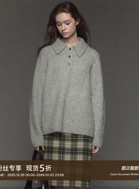 CycleDocument羊驼毛混纺/半开衫翻领粗针慵懒感马海毛针织毛衣女
