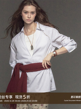 CycleDocument   经典翻领设计/深V领灰白细条纹叠穿长袖衬衫女