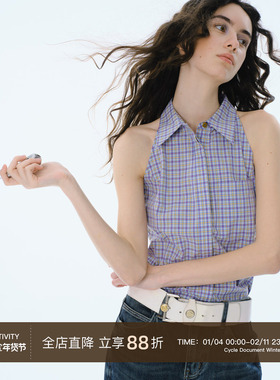 Cycle Document 舒适透气显瘦格纹暗门襟衬衣无袖背心挂脖衬衫女