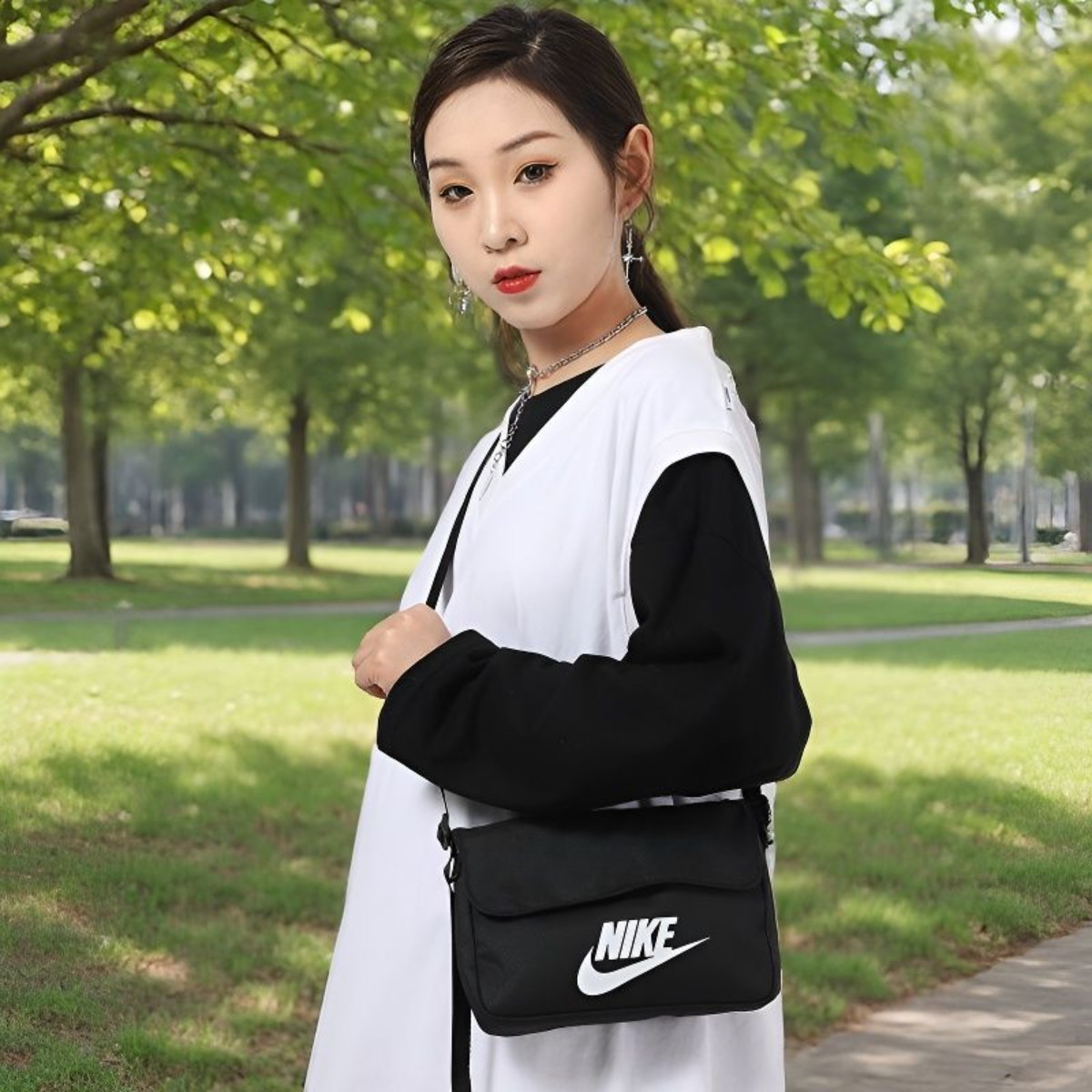 Nike耐克女包新款黑色小包休闲包单肩包时尚运动斜挎包CW9300-010