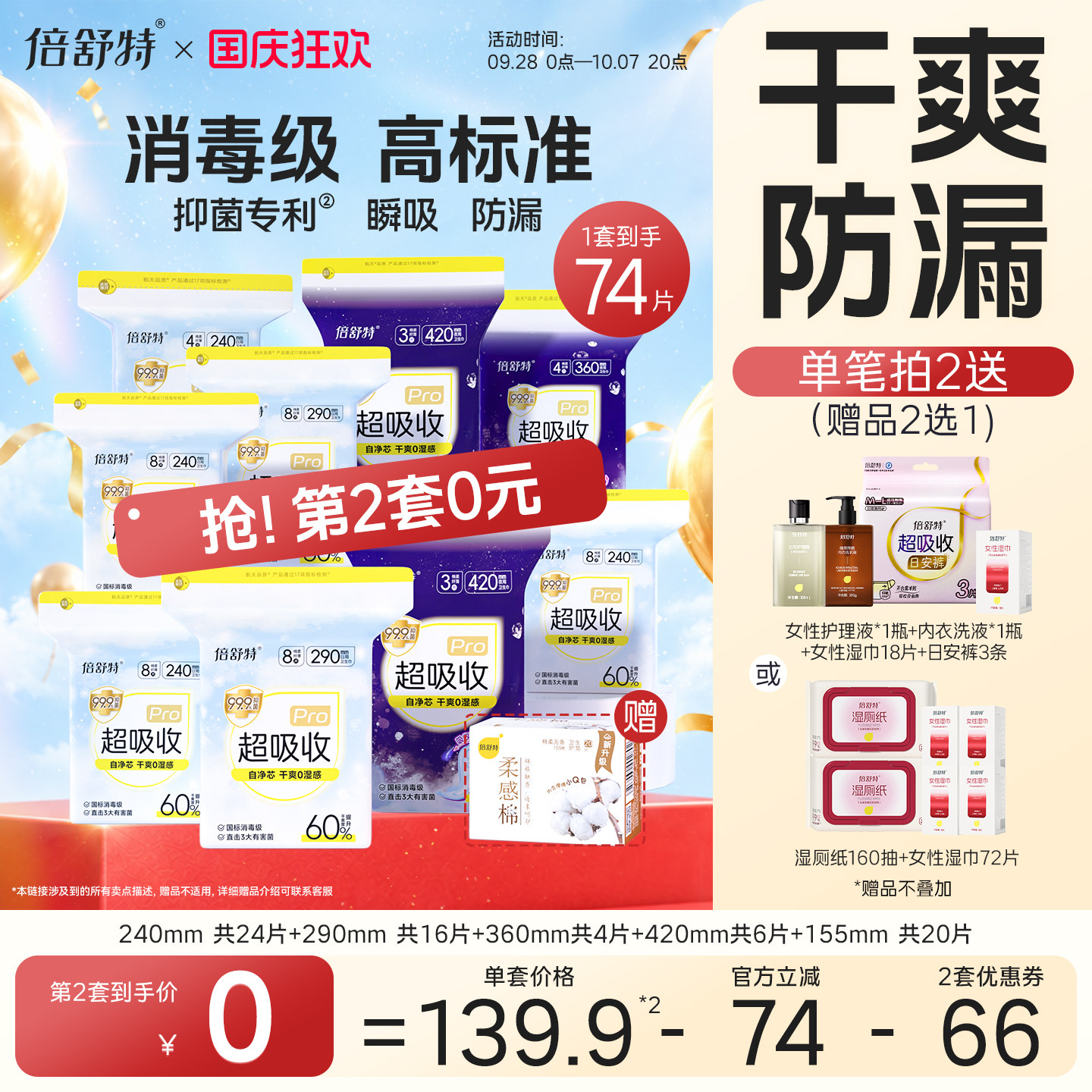 【抢！第2套0元】倍舒特超吸收卫生巾姨妈巾干爽防漏透气日夜正品 生舒实拍商品图