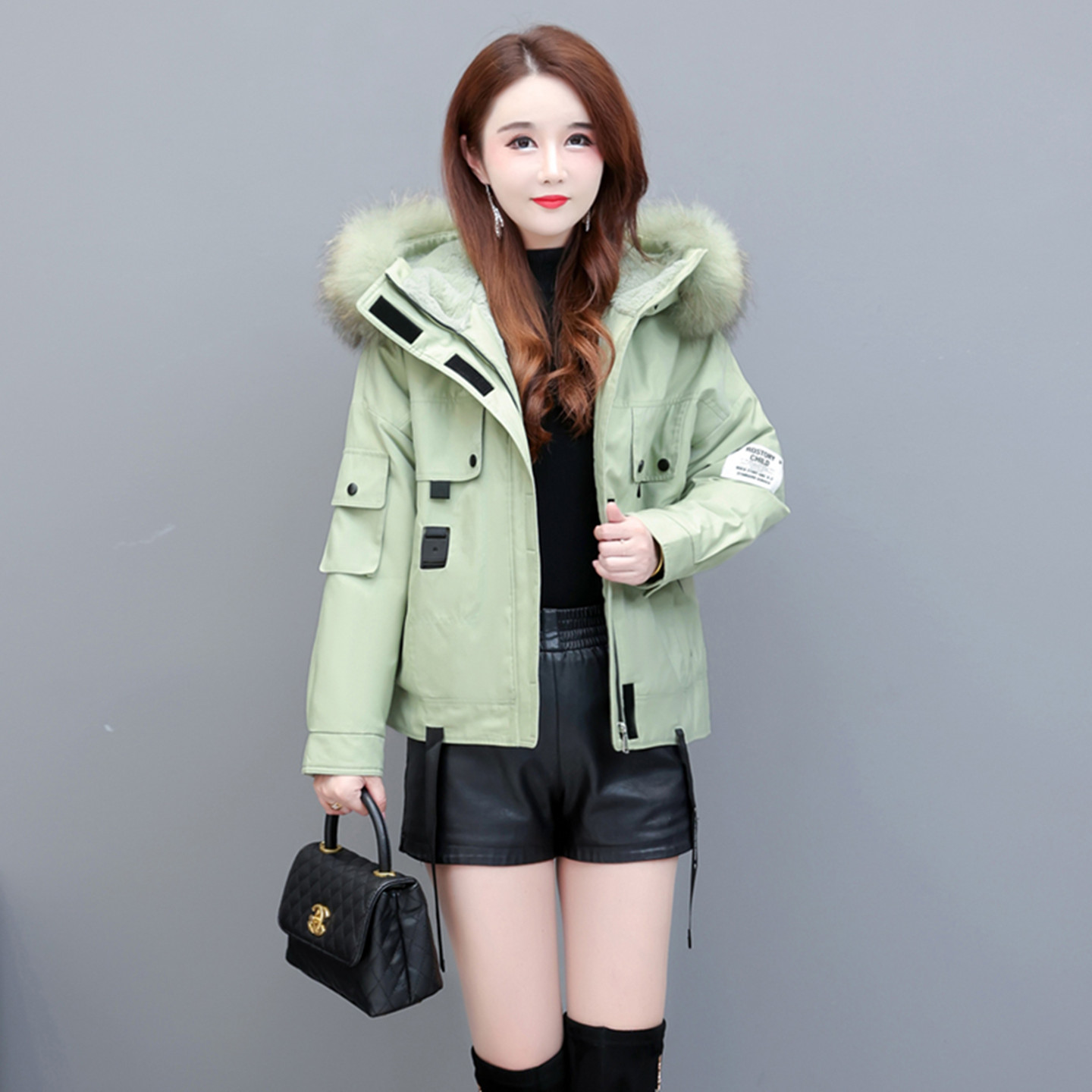 女貉子毛领棉服外套连帽潮派克服