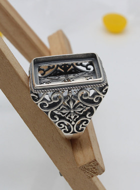 纯银复古做旧长方形戒指托