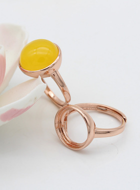 不退色镶嵌蜜蜡粉晶正圆戒指空托