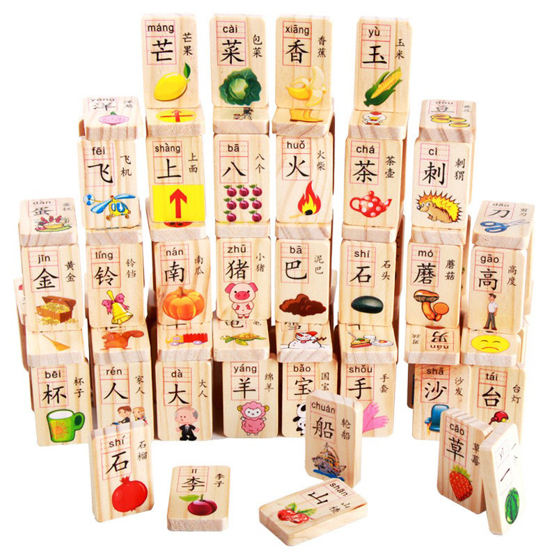 儿童益智识字玩具早教木质100片双面汉字多米诺骨牌新年礼物积木