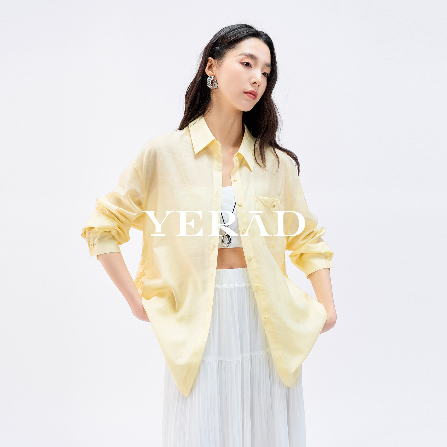 娅丽达松弛宽松休闲桑蚕丝长袖衬衫女遮阳衫2026夏季新款黄色外套