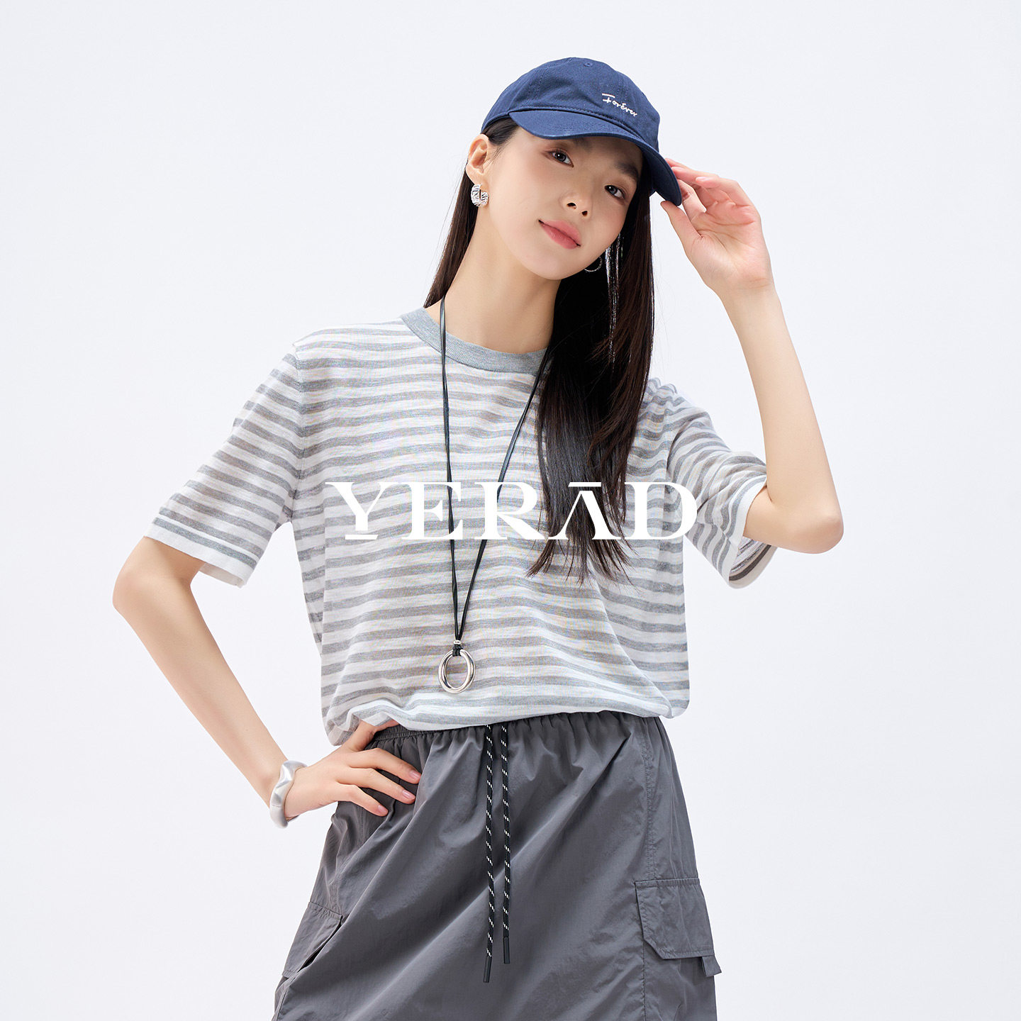 娅丽达松弛慵懒轻薄宽松针织短袖女2026夏季新款套头条纹短袖T恤