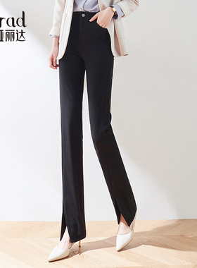 娅丽达女裤休闲裤通勤口袋直筒中腰长裤韩版黑色 DK3463