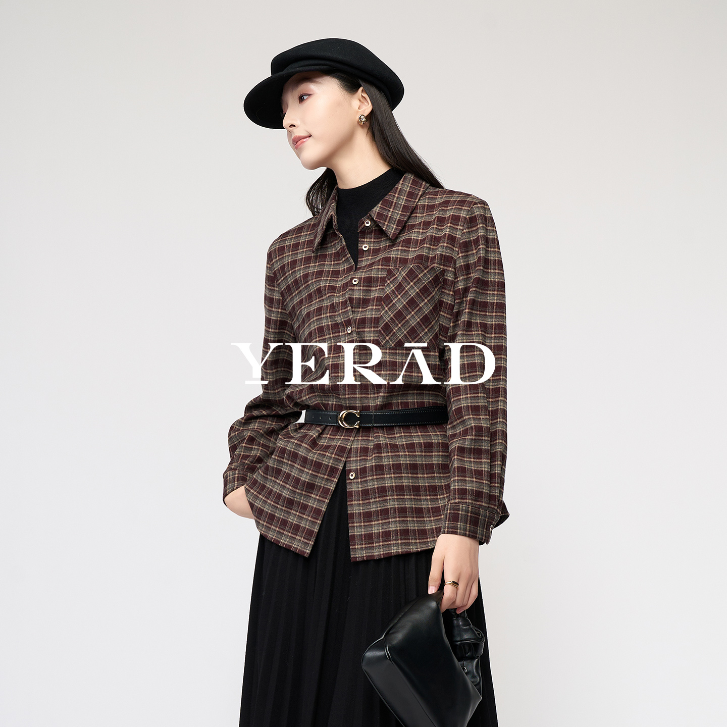 娅丽达法式复古格子长袖衬衫女