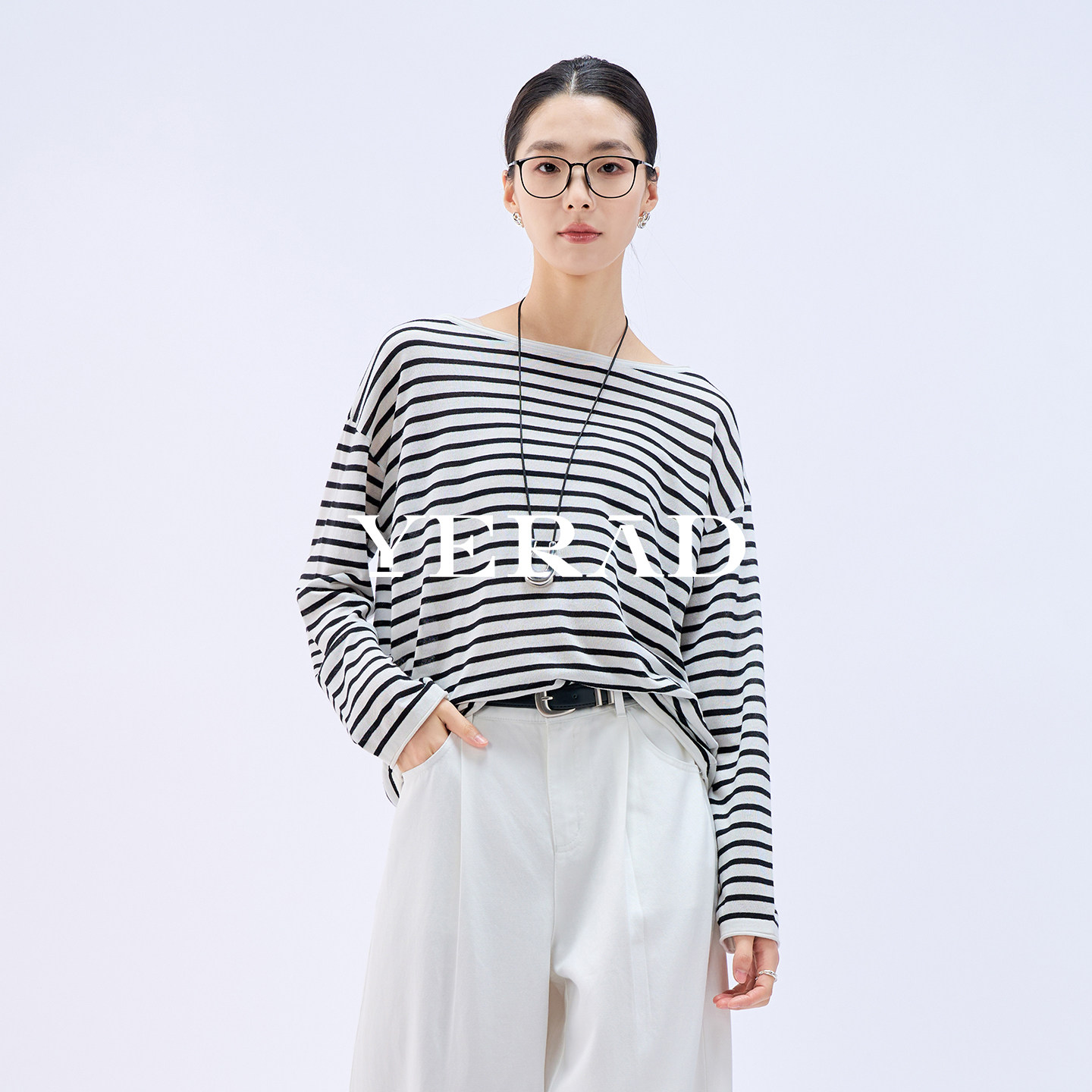 娅丽达宽松亚麻醋酸撞色条纹T恤女黑白针织衫春季新款松弛风上衣