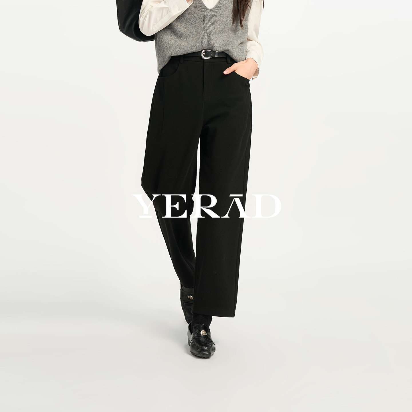 娅丽达羊毛加绒直筒裤女冬2026新款通勤显瘦黑色休闲裤九分西装裤