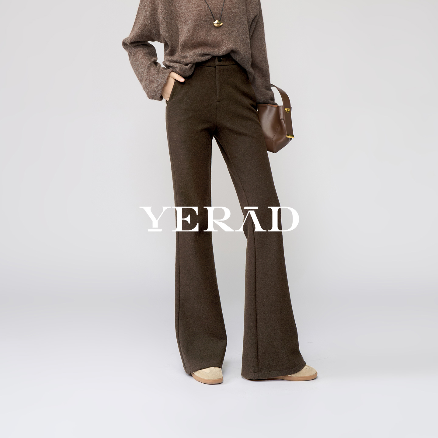 娅丽达羊毛针织喇叭裤女2025冬季新款黑色休闲长裤弹力显瘦微喇裤