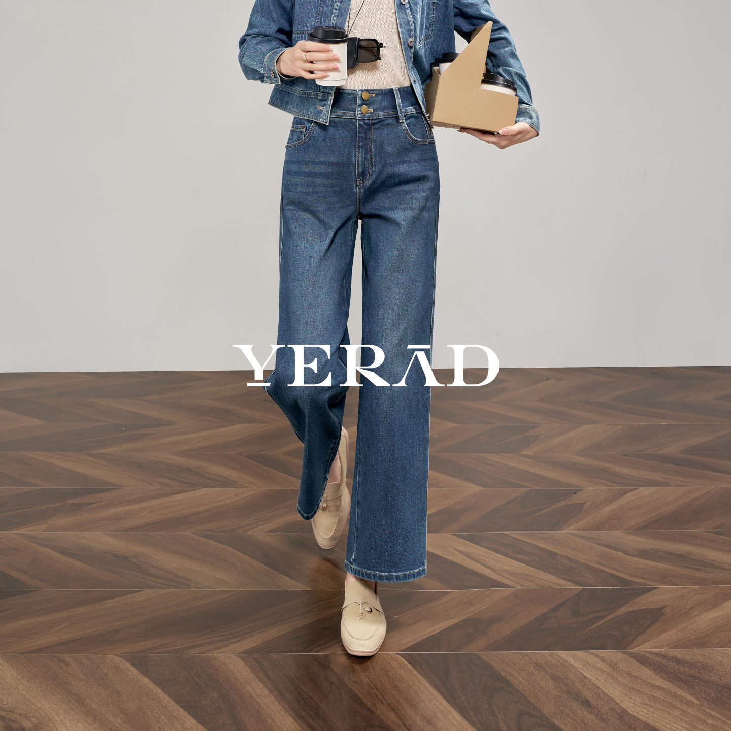 娅丽达九分宽直筒牛仔裤女