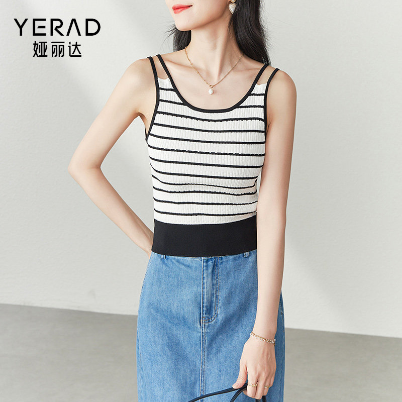 娅丽达针织吊带背心女外穿2023年夏季新款条纹打底衫短款无袖上衣