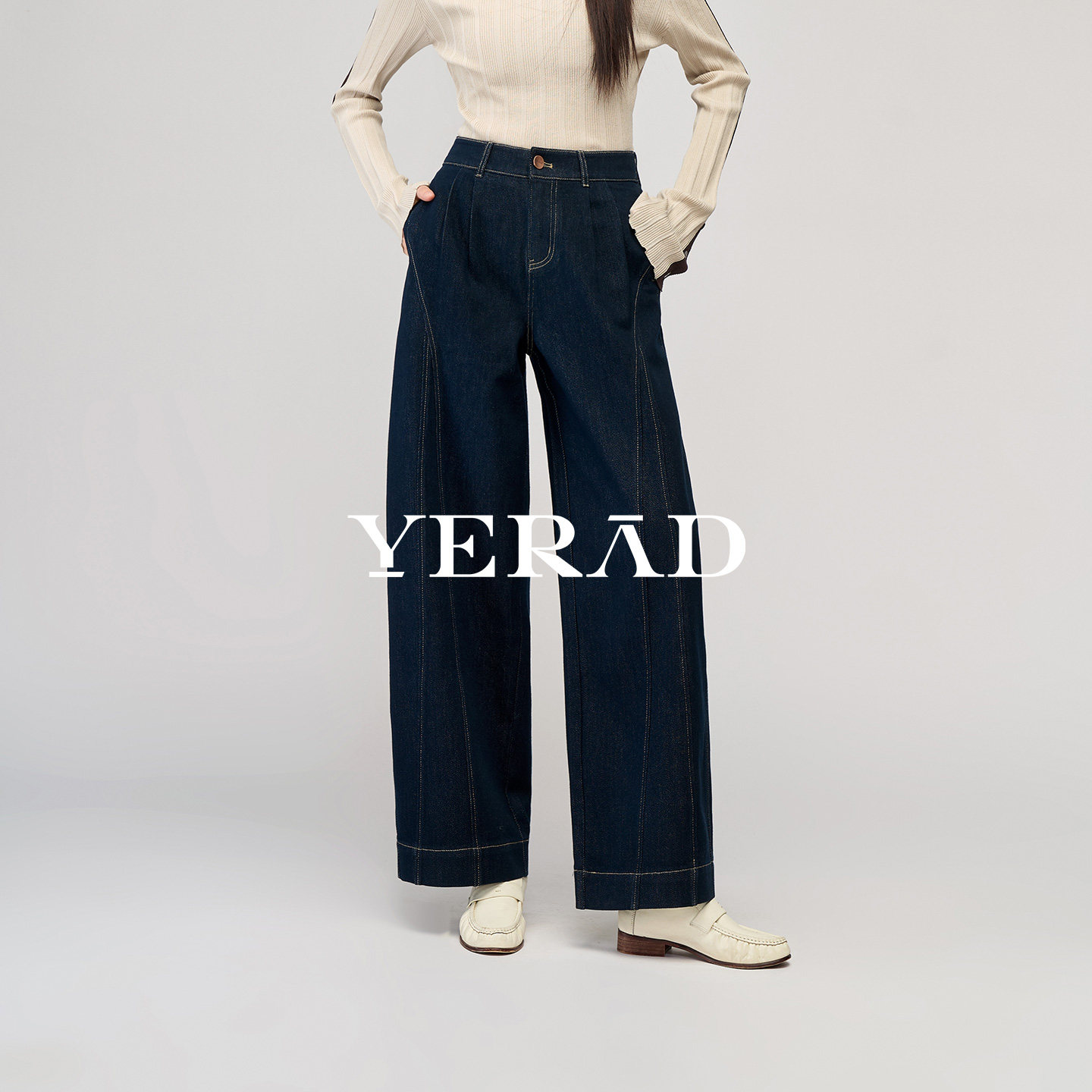 娅丽达丹宁弯刀裤春季休闲牛仔裤女2026新款个性分割设计哈伦裤子