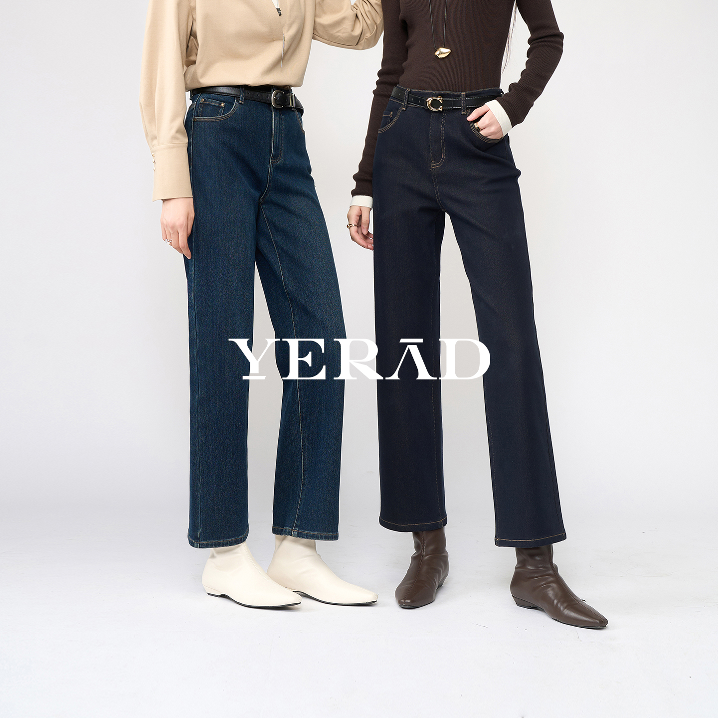 娅丽达加绒宽直筒牛仔裤女新