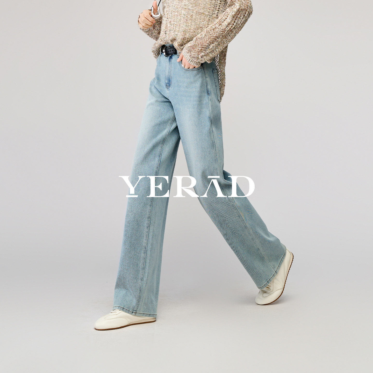 娅丽达复古弹力直筒牛仔裤女2026春季新款休闲百搭宽松垂顺阔腿裤