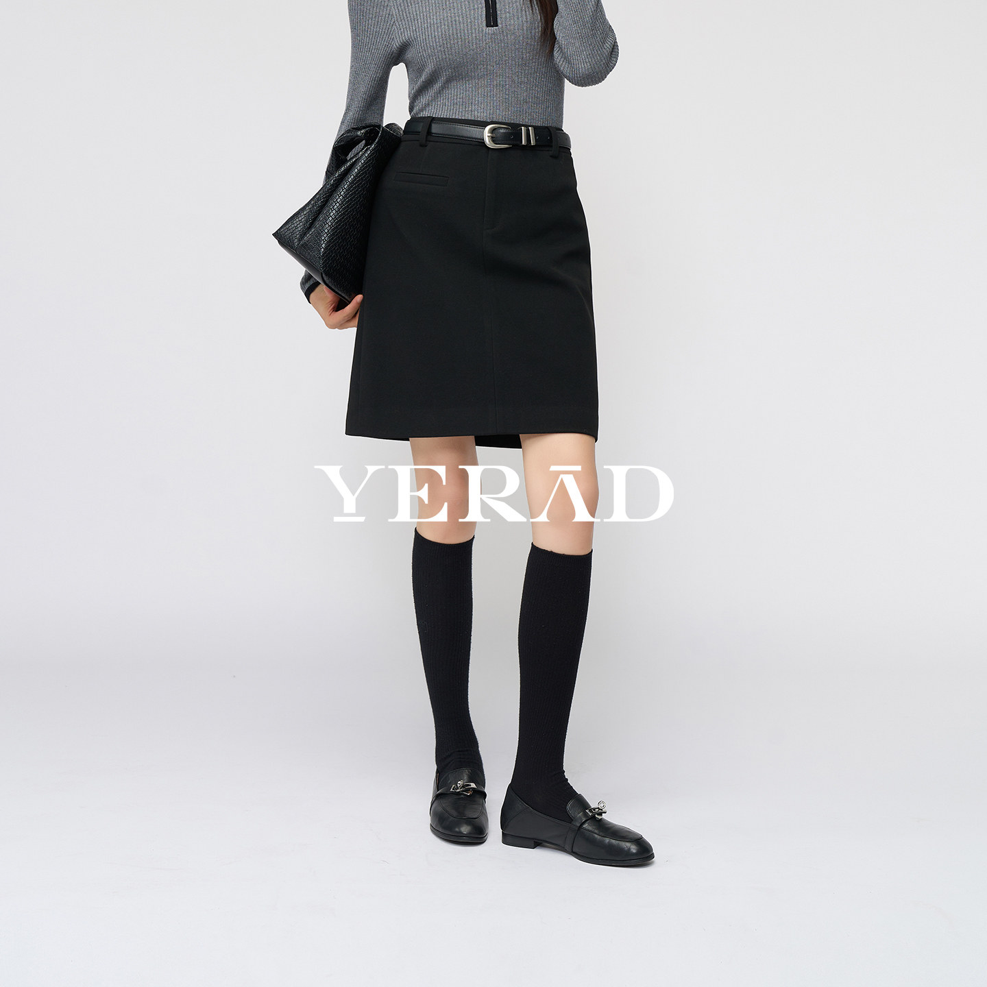 娅丽达通勤气质仿毛呢灰色半身裙女25秋冬新款小个子高腰H型短裙