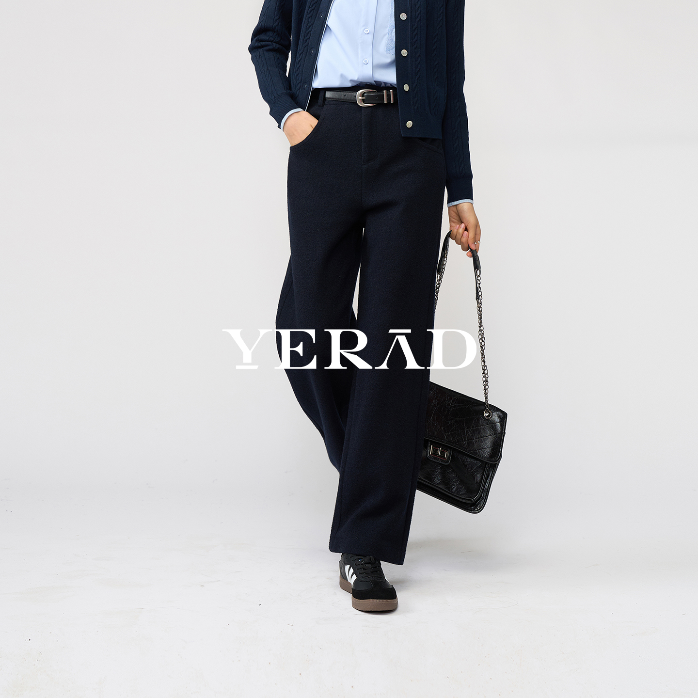 娅丽达窄版加绒羊毛呢阔腿裤女