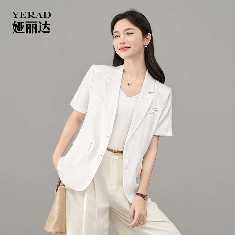 娅丽达轻薄莱赛尔休闲短袖西装外套女春夏新款透气亚麻西服小上衣