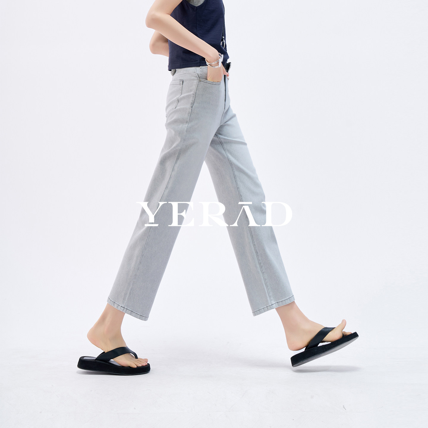 娅丽达凉感九分直筒牛仔裤女2026夏季新款薄荷裤子灰色薄款女裤
