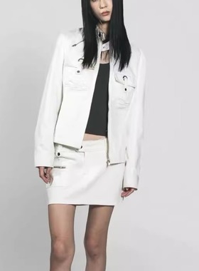 AXIS OF 白色复古机车夹克外套女秋季短款时尚牛仔上衣短裙套装