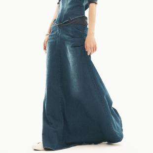 牛仔裙女夏季 AXIS 复古设计感褶皱气质长款 黑色半身裙 修身