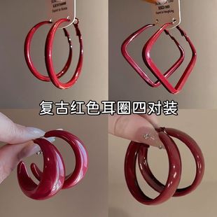 安可拉红色几何耳圈夸张气质高级感耳环女秋冬小众独特轻奢耳饰品