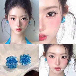 显白 清凉感蓝色串珠水晶耳钉气质小众艺术耳环女夏日度假风耳饰