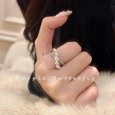 交叉珍珠锆石开口戒指女款2025新款轻奢小众设计高级感食指戒指环