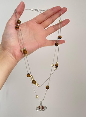 美拉德虎眼石锆石星球项链女秋冬气质高级感毛衣链小众设计配饰品