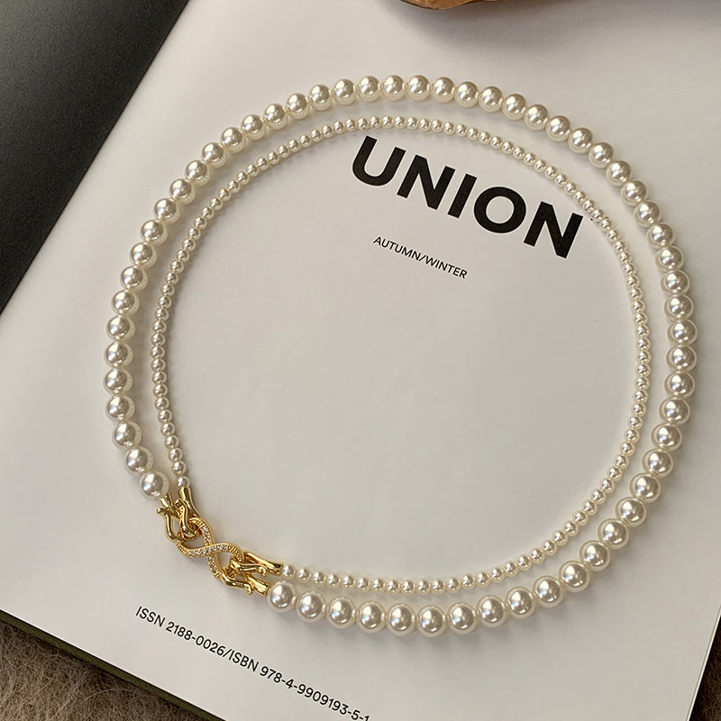 施家双层叠戴珍珠项链女款高级感轻奢锁骨链气质复古优雅礼服颈链