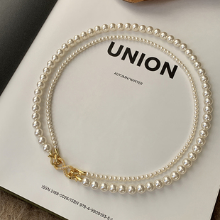 施家双层叠戴珍珠项链女款高级感轻奢锁骨链气质复古优雅礼服颈链