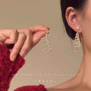 彩色镶钻圣诞树耳钉秋冬甜酷高级感耳环女小众设计独特轻奢耳饰品