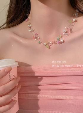 彩色多层串珠珍珠项链女甜酷辣妹多巴胺锁骨链小众高级感颈链配饰