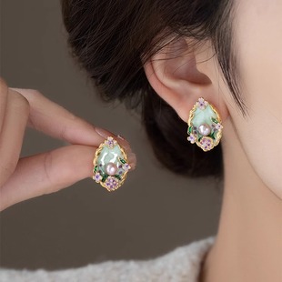 莫奈花园油画珍珠花朵耳钉复古港风高级感耳环女气质轻奢百搭耳饰